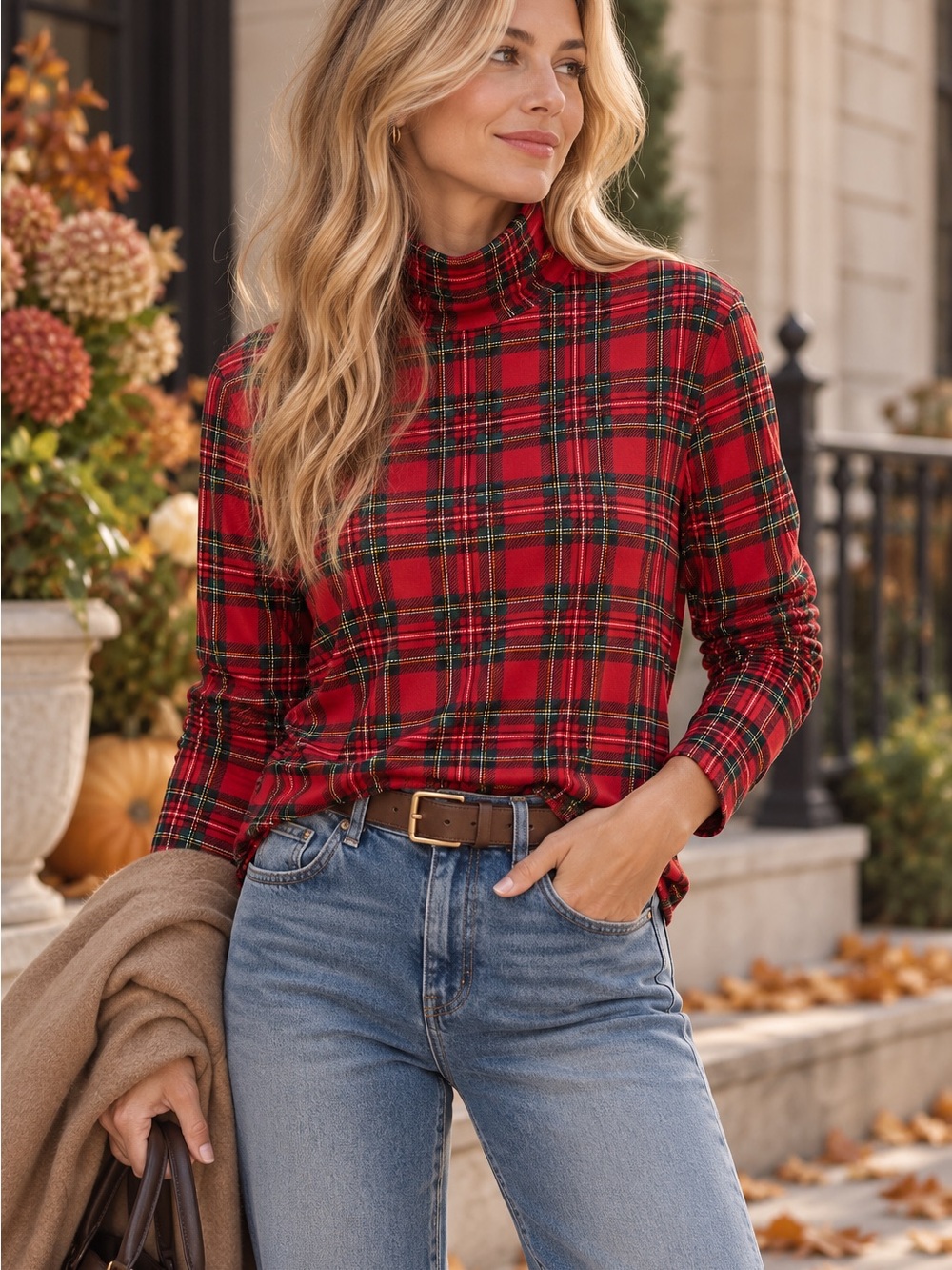 Lands’ End Red Plaid Turtleneck Top Size Large Cotton Modal Blend